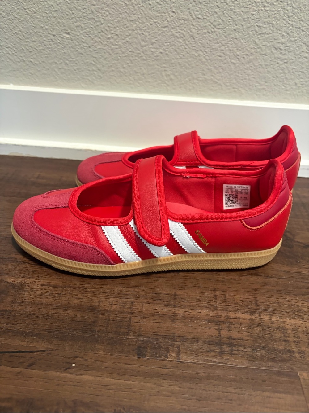 Women’s Red Adidas Samba Jane Sneakers with White Stripes